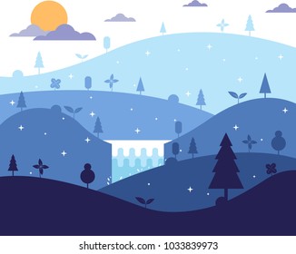 Nature landscape flat design. Summer nature travel with Mountains and Waterfall, Vector illustration EPS10.