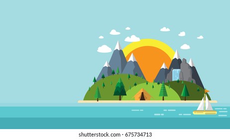 Nature landscape flat design.Summer nature travel with island,mountains,waterfall and tent.Vector illustration.