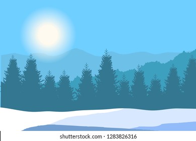 Nature landscape in flat style. Vector landscape. Mountains. Snow forest landscape. Vector illustration.