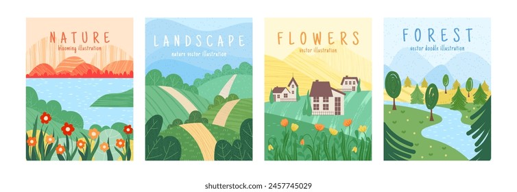 Landschaft der Natur. Blumen-Berg-Hintergrund. Graslandhügel. Frühlingswald. Acker. Geometrische Dorflandschaft. Flusswasser. Handgezeichnete Doodle-Textur. Aquarellszene. Vektorgrafik grelles Posterset