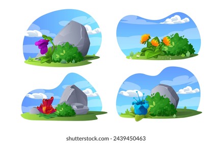 Nature landscape with flowers, bushes and stone boulder. Colorful magic blossom plants on the lawn on blue sky scenery. Vector cartoon summer illustrations set