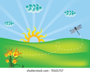 nature landscape with flowers and dragonfly, abstract vector art illustration