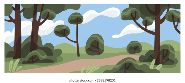 Nature landscape. Footpath, trail among trees, grass and shrubs. Pathway in forest, clouds in sky. Abstract summer scenery panorama background, forest with path way. Flat vector illustration