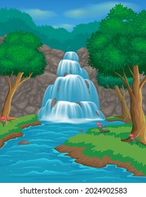 Nature landscape with forest, cascade waterfall and river. Cartoon landscapes with waterfall and trees.