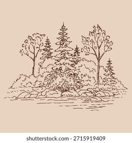 Paisaje de Naturaleza con bosque. Ilustración vectorial dibujada a mano.
