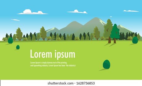 Nature landscape with forest, hills, clouds and sky vector illustration. Natural background banner template with place for your text.Beautiful meadow scene.Summer green field with mountain