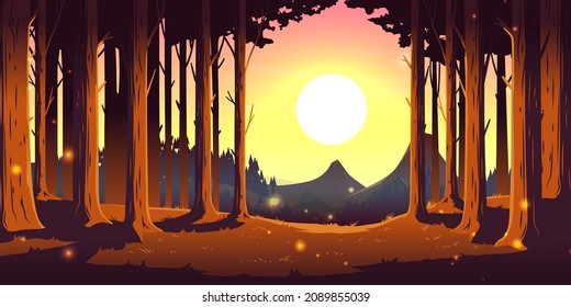 Nature landscape with forest, mountains on horizon and sun in sky at evening. Vector cartoon illustration of summer coniferous woods with pines and rocks on skyline at sunset or sunrise