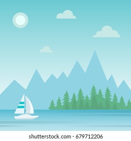 Nature landscape with forest, mountains, river and yacht. Flat design. Vector illustration