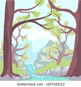 Nature landscape with forest stream and mountains on the horizon. Flat Art Vector illustration