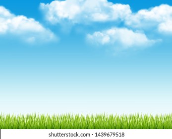 Nature landscape. Fresh background with green grass blue sky with clouds dream field vector realistic seamless pattern. Field green grass, landscape meadow illustration