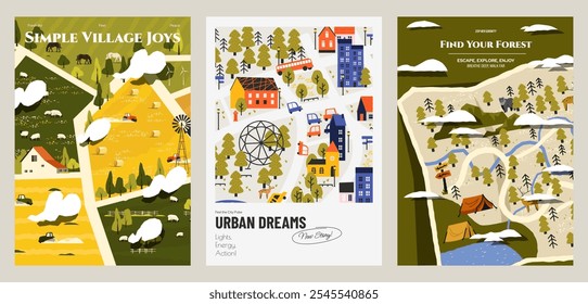 Nature landscape and garden posters. Abstract summer spring country landscape with flowers trees grass, cute minimalistic background. Vector set.