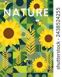 Nature, landscape and garden. Vector illustration of geometric abstract trees, plants, flowers and houses. Editable artwork for cover or card designs.