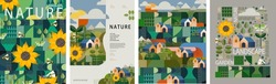 Nature, Landscape And Garden. Vector Illustration Of Geometric Abstract Plants, Trees, Flowers And Houses. Drawings For Background, Pattern Or Poster
