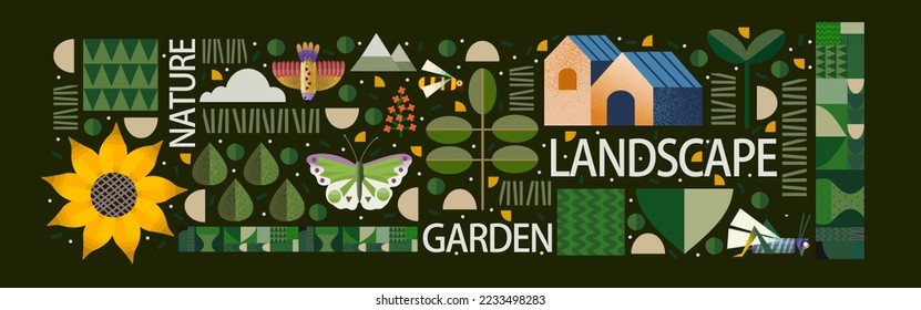 Nature, landscape and garden. Vector illustration of geometric abstract plants, trees, flowers and houses. Drawings for background, pattern or poster - Shutterstock ID 2233498283