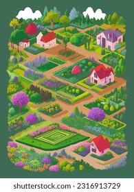 Nature, landscape and garden. Vector illustration of geometric abstract plants, trees, flowers and houses. Drawings for background, pattern or poster
