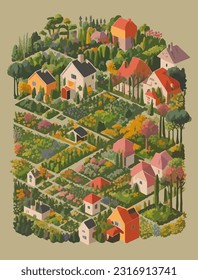 Nature, landscape and garden. Vector illustration of geometric abstract plants, trees, flowers and houses. Drawings for background, pattern or poster