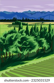 Nature, landscape and garden. Vector illustration of geometric abstract plants, trees, flowers and houses. Drawings for background, pattern or poster