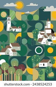 Nature, landscape and garden. Vector illustration of geometric abstract trees, plants, flowers and houses. Editable artwork for cover or card designs.