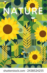 Nature, landscape and garden. Vector illustration of geometric abstract trees, plants, flowers and houses. Editable artwork for cover or card designs.
