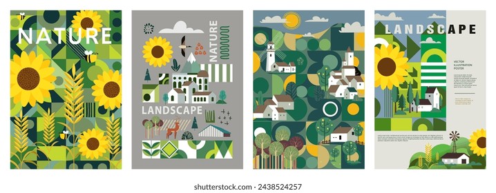 Nature, landscape and garden. Vector illustration of geometric abstract trees, plants, flowers and houses. Editable artwork for cover or card designs.