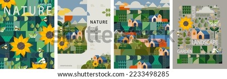 Nature, landscape and garden. Vector illustration of geometric abstract plants, trees, flowers and houses. Drawings for background, pattern or poster
