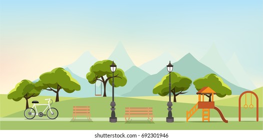 nature landscape with garden,public park, amusement park, vector illustration