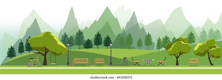 nature landscape with garden,public park,camping BBQ Grill outdoor, picnic,vector illustration