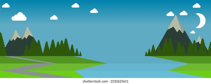 Nature Landscape Geometry Night Background Green Grass Blue Sky Cartoon Style EPS 10