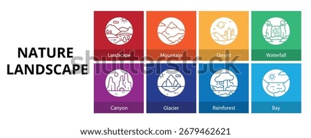 Nature Landscape Glyph Solid Banner Web Icon Set Vector Illustration, Landscape Mountain Desert Waterfall Canyon Glacier Rainforest Baya