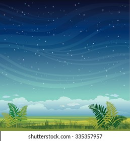 Nature landscape - grass with green fern on a night starry sky. Summer vector illustration.