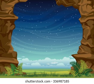 Nature landscape - grass with green fern and wall of rock on a night starry sky. Summer vector illustration.
