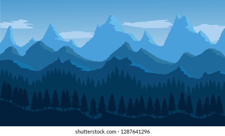 Nature landscape with grass tree mountain cloud and blue sky, vector illustration Eps 10.