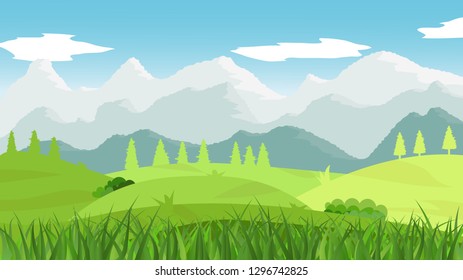 Nature landscape with grass tree mountain cloud and blue sky, vector illustration Eps 10.