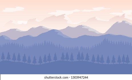Nature landscape with grass tree mountain cloud and blue sky, vector illustration Eps 10.