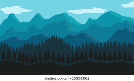 Nature landscape with grass tree mountain cloud and blue sky, vector illustration Eps 10.