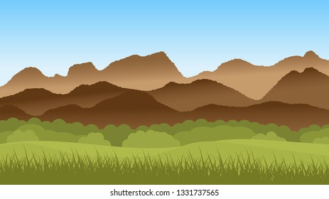 Nature landscape with grass tree mountain cloud and blue sky, vector illustration Eps 10.