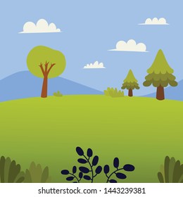 Nature landscape with grass, trees , hill and montain.Meadow and sky background in flat design.Summer green field vector.