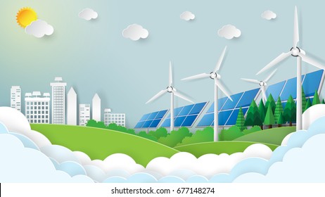 Nature landscape and green city. Save the world and environment concept. Paper art style. Vector illustration.