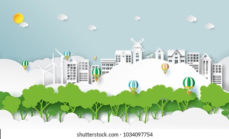 Nature landscape and green energy concept.Eco friendly city and urban forest for environment conservation paper art style.Vector illustration.