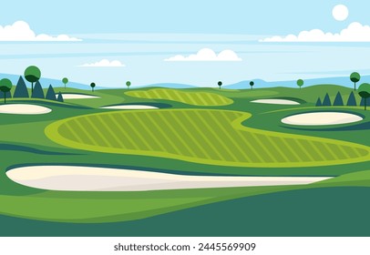 Nature Landscape of Green Golf Field Course with Hole in Bright Sky