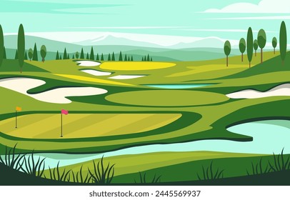 Natur Landscape of Green Golf Field Course mit Hole in Bright Sky