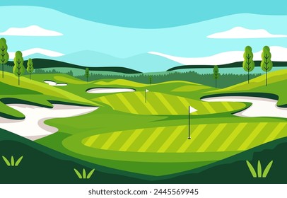 Nature Landscape of Green Golf Field Course with Hole in Bright Sky