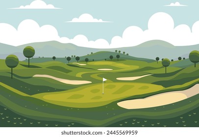 Nature Landscape of Green Golf Field Course with Hill Mountain View in Bright Day