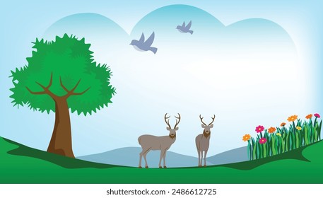Nature landscape of green grass and blue sky with tree, birds, and deers. Vector illustration cartoon style for environmental background. 
