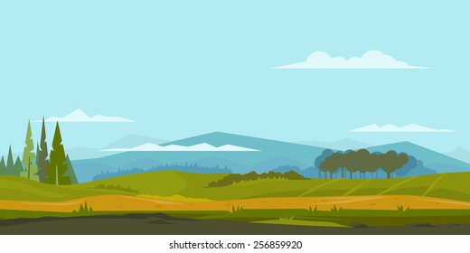 Nature landscape with green hills and mountains, trees and spruces, ground with grass, sample geometric shapes, game background, panorama