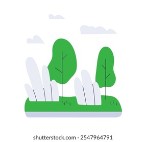 Nature landscape with green leaf trees, plants, shrubs. Serene calm wild environment. Peaceful countryside scenery with clouds, greenery, bushes. Flat vector illustration isolated on white background