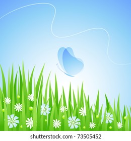 Nature Landscape. Green meadow with flowers and butterflies. Vector illustration.
