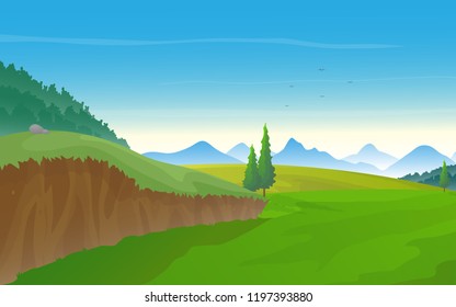 Nature landscape, green meadow and hills with row of mountains on the horizon.