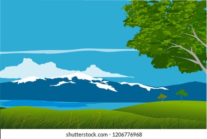 nature landscape with green meadow and mountain range in blue lake
