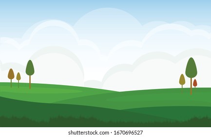 Nature landscape with green yard and tree on blue sky background.Flat vector design. 